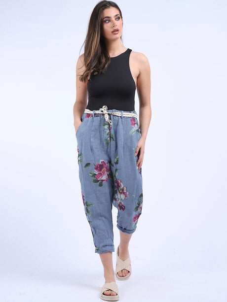 Ladies Floral Print Linen Relaxed Fit Trouser