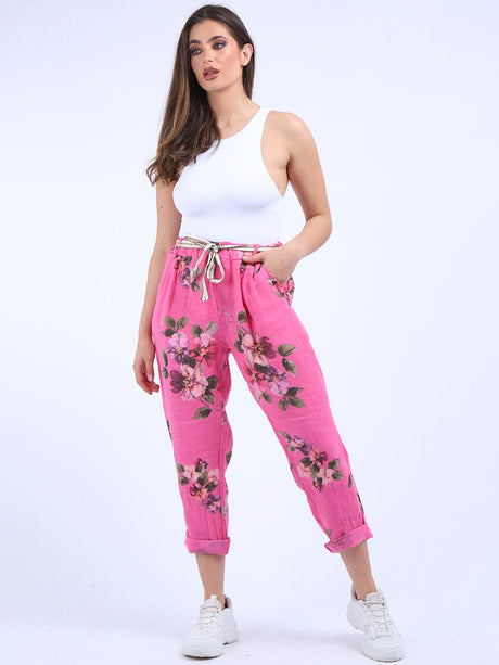 Ladies Floral Print Linen Relaxed Fit Trouser