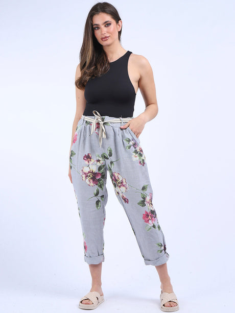 Ladies Floral Print Linen Relaxed Fit Trouser