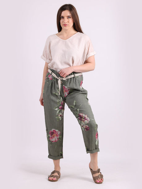 Ladies Floral Print Linen Relaxed Fit Trouser