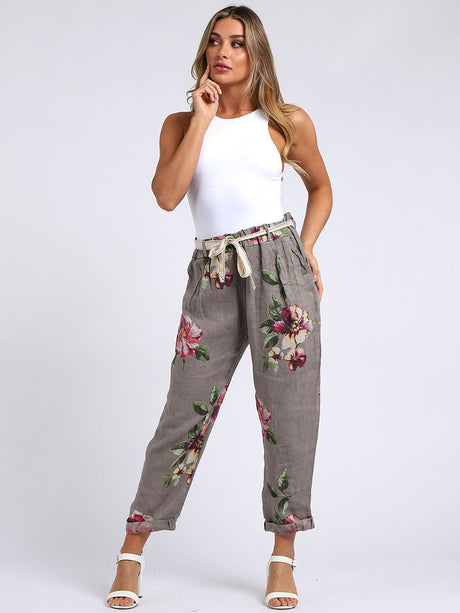 Ladies Floral Print Linen Relaxed Fit Trouser