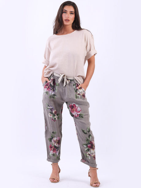 Ladies Floral Print Linen Relaxed Fit Trouser