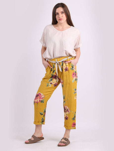 Ladies Floral Print Linen Relaxed Fit Trouser