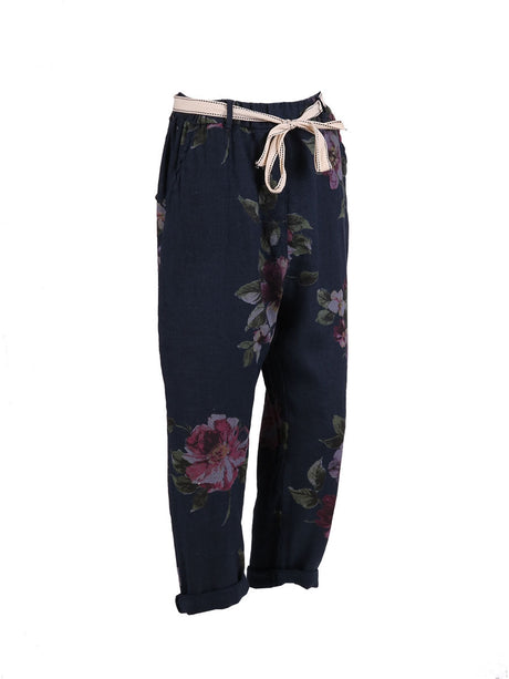 Ladies Floral Print Linen Relaxed Fit Trouser