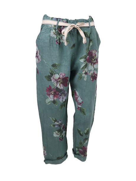 Ladies Floral Print Linen Relaxed Fit Trouser