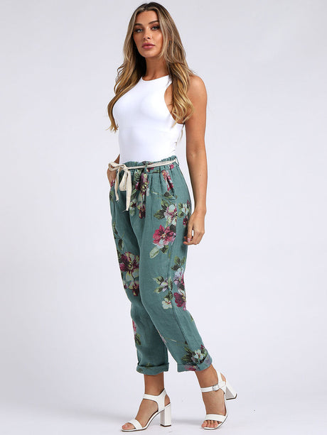 Ladies Floral Print Linen Relaxed Fit Trouser