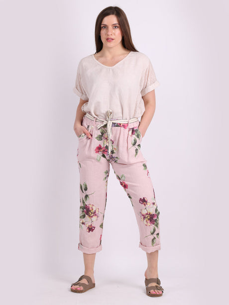 Ladies Floral Print Linen Relaxed Fit Trouser