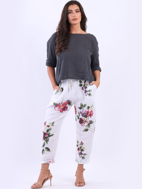 Ladies Floral Print Linen Relaxed Fit Trouser