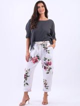 Ladies Floral Print Linen Relaxed Fit Trouser