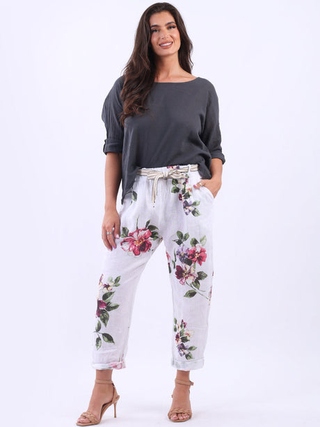 Ladies Floral Print Linen Relaxed Fit Trouser