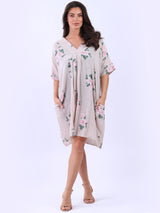 V Neck Cotton Floral Print Oversized Midi Dress