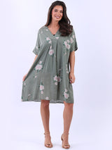 V Neck Cotton Floral Print Oversized Midi Dress