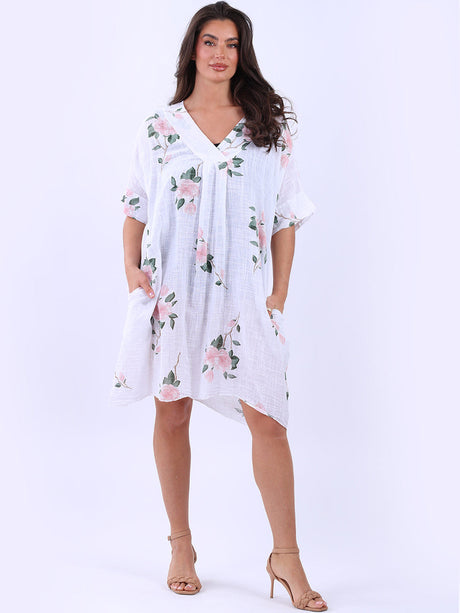 V Neck Cotton Floral Print Oversized Midi Dress