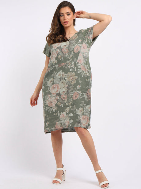 Ladies Plus Size Floral Linen Dress