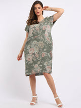 Italian Floral Print Side Ribbed Linen Lagenlook Dress-Denim