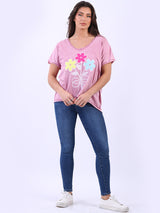 Ladies Multi Floral Vintage Washed Cotton Crop T-Shirt