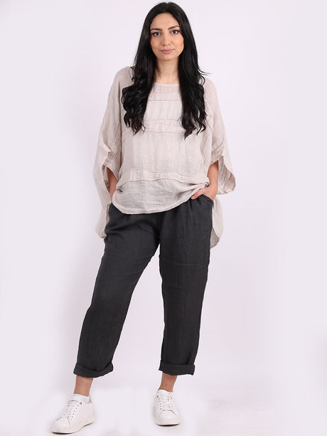 Ladies Oversized Front Patches Linen Top