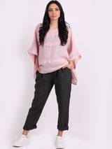 Ladies Oversized Front Patches Linen Top