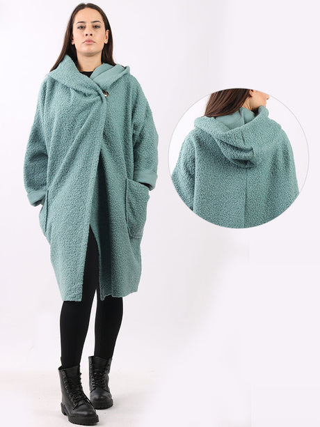 Ladies Open Front Long Woolen Hoodie Coat