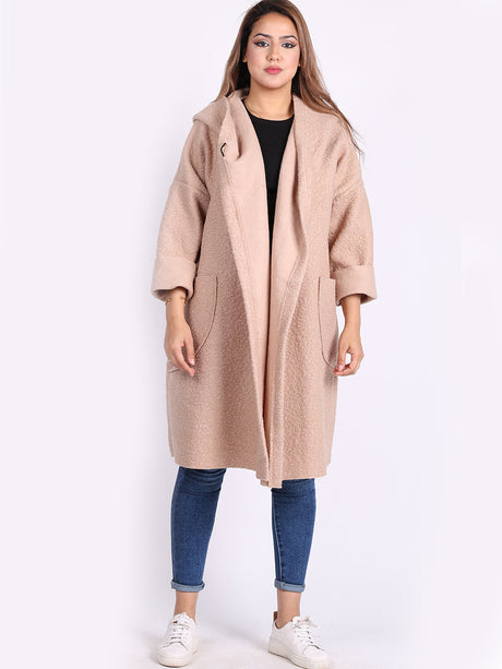 Ladies Open Front Long Woolen Hoodie Coat