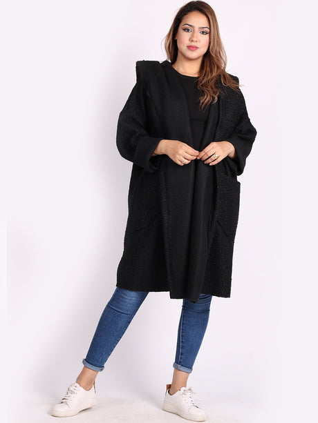 Ladies Open Front Long Woolen Hoodie Coat