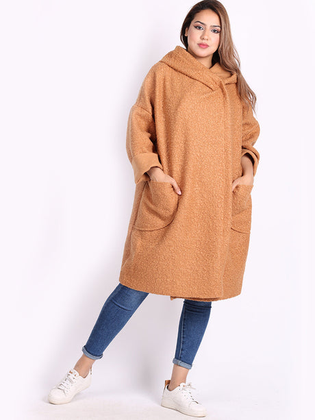 Ladies Open Front Long Woolen Hoodie Coat