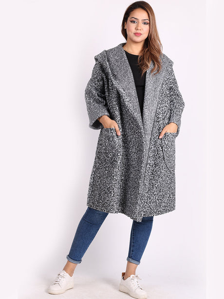 Ladies Open Front Long Woolen Hoodie Coat