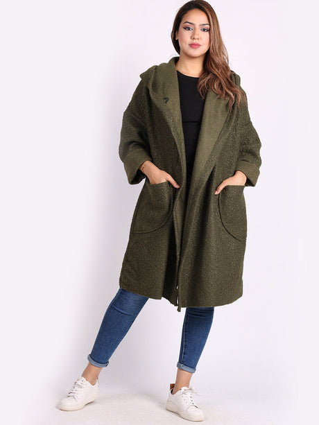 Ladies Open Front Long Woolen Hoodie Coat