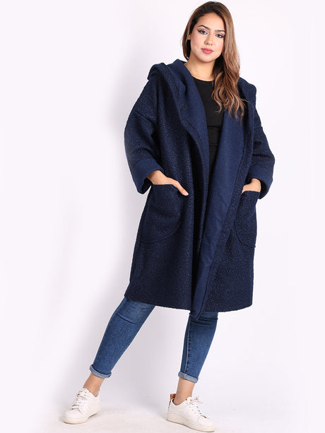 Ladies Open Front Long Woolen Hoodie Coat