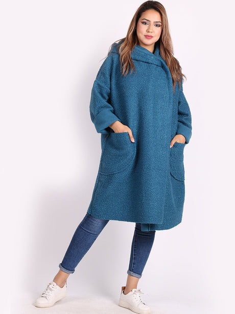 Ladies Open Front Long Woolen Hoodie Coat