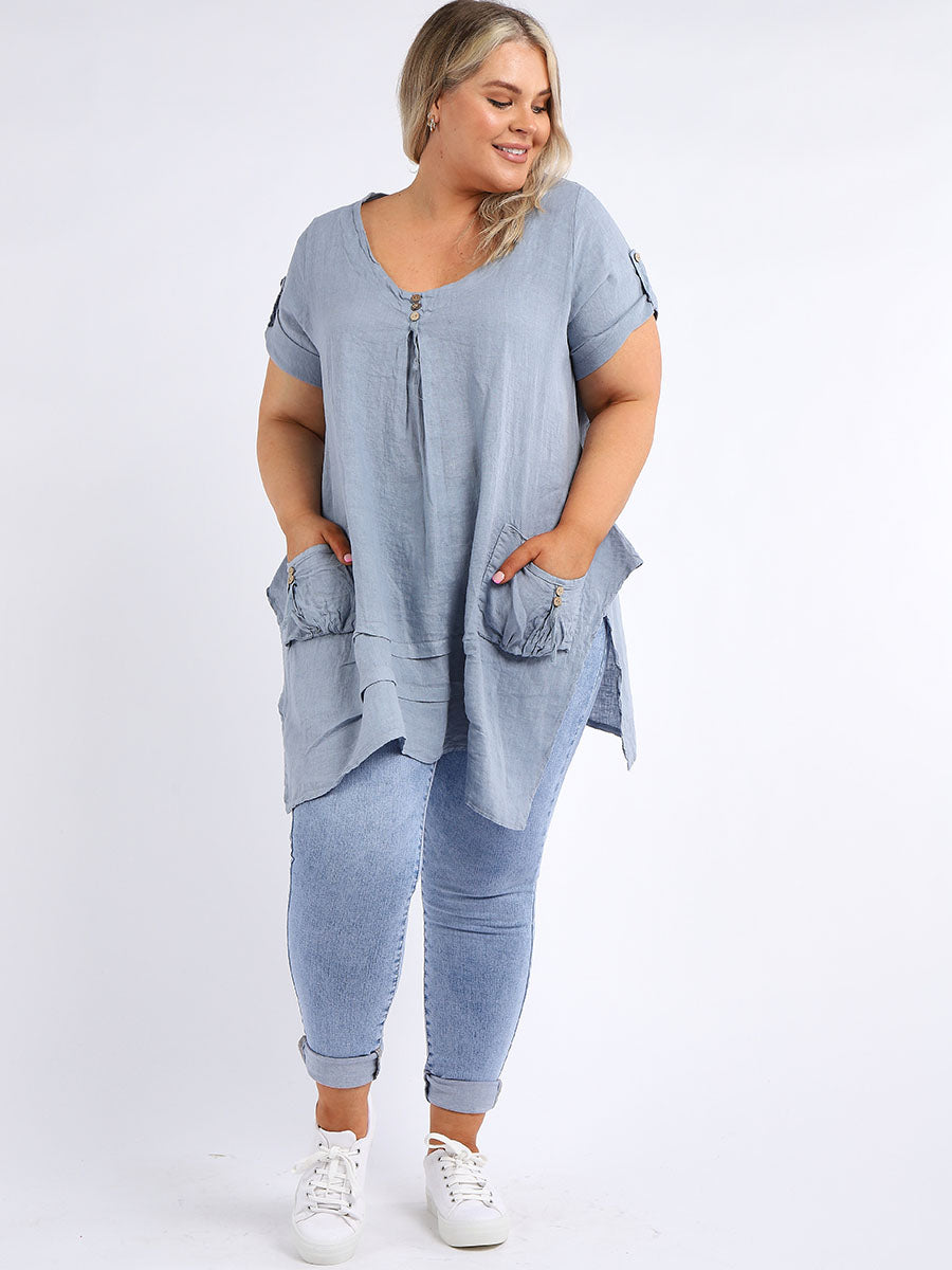 Plus Size Plain Linen Dip Side Tunic Top