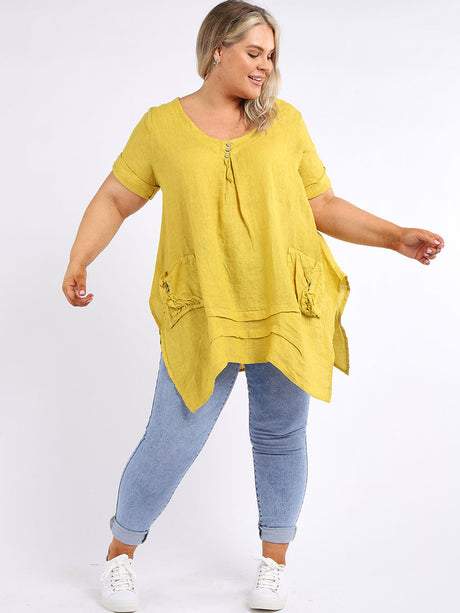 Plus Size Plain Linen Dip Side Tunic Top