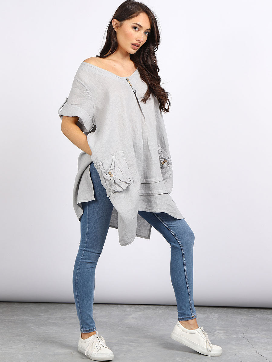 Plus Size Plain Linen Dip Side Tunic Top