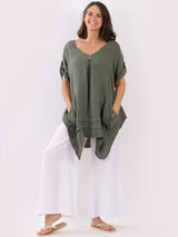 Plus Size Plain Linen Dip Side Tunic Top