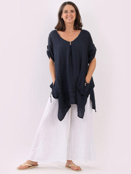 Plus Size Plain Linen Dip Side Tunic Top