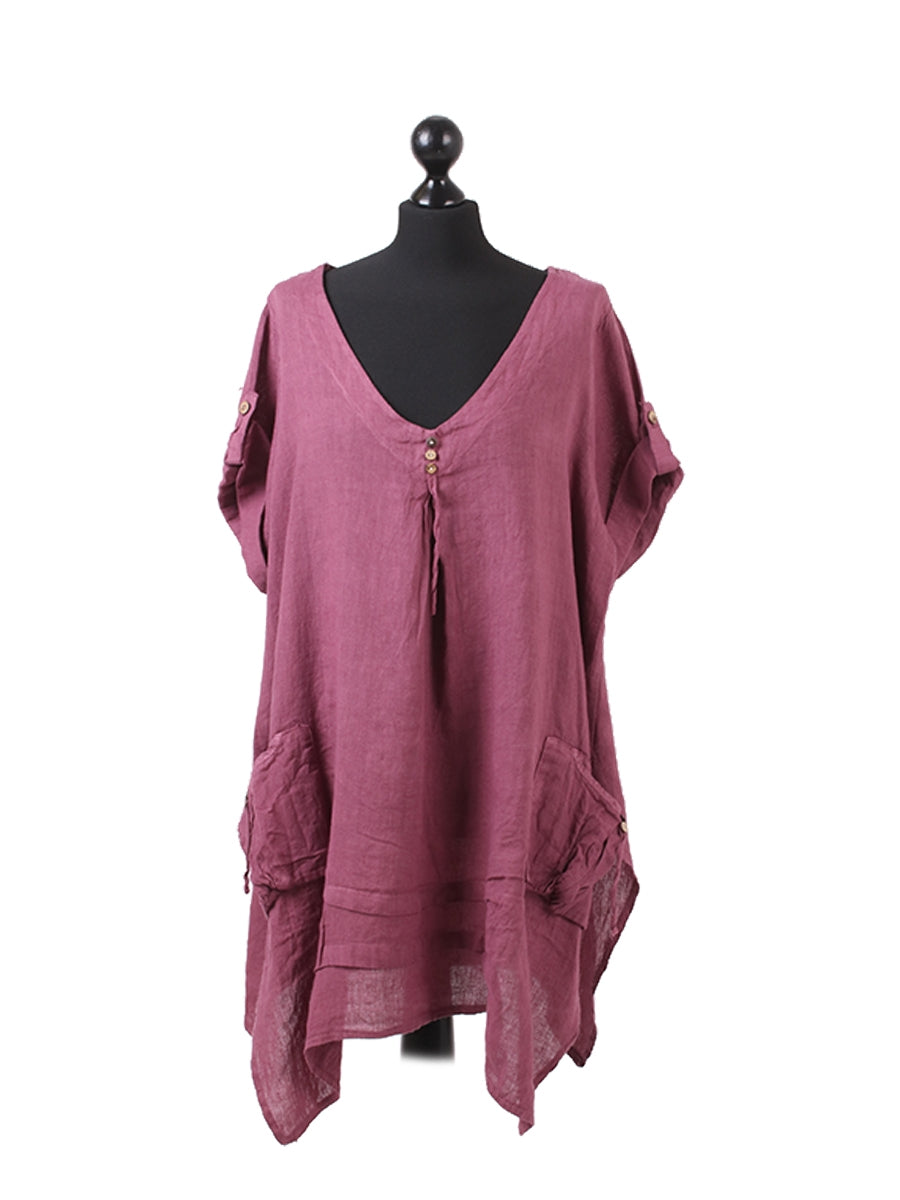 Plus Size Plain Linen Dip Side Tunic Top