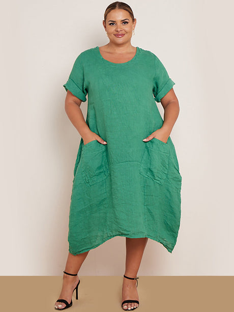 Ladies Front Pockets Plain Linen Dress