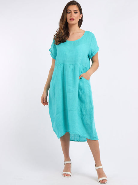 Plain Linen Front Pockets Ladies Quirky Dress