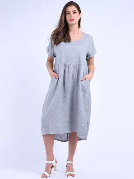 Plain Linen Front Pockets Ladies Quirky Dress