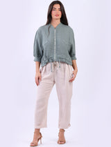 Front Zip Ladies Linen Ribbed Crop Jacket