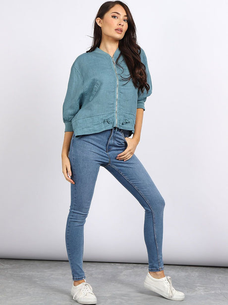 Linen Crop Zipper Jacket Ocean Blue