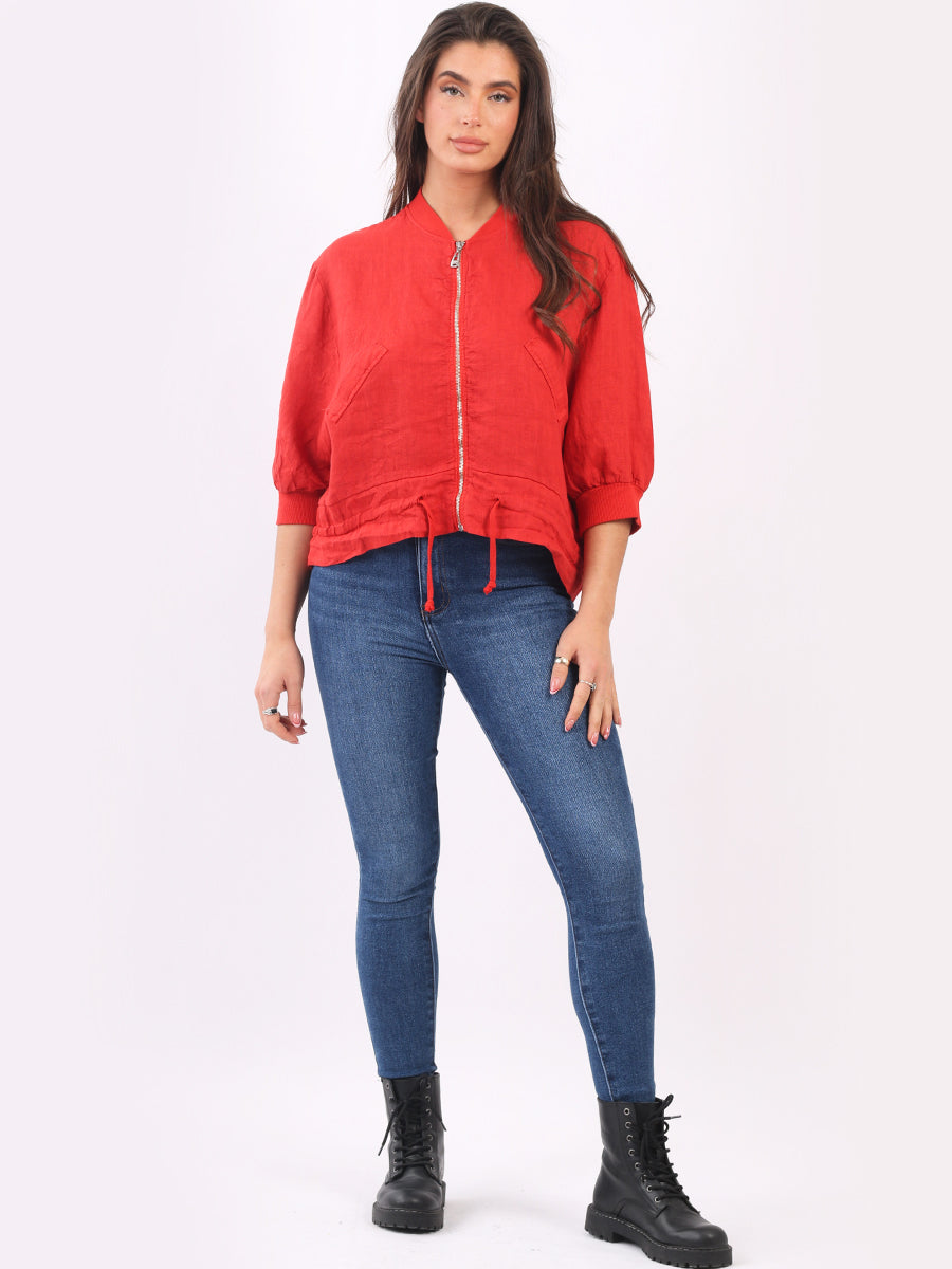 Front Zip Ladies Linen Ribbed Crop Jacket