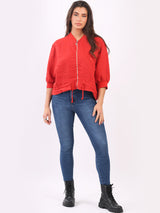 Front Zip Ladies Linen Ribbed Crop Jacket