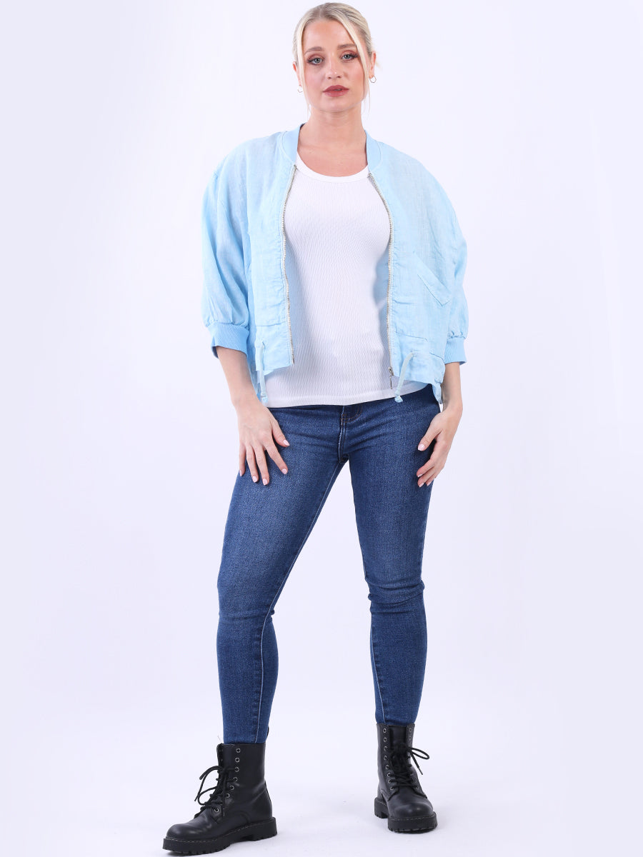 Front Zip Ladies Linen Ribbed Crop Jacket