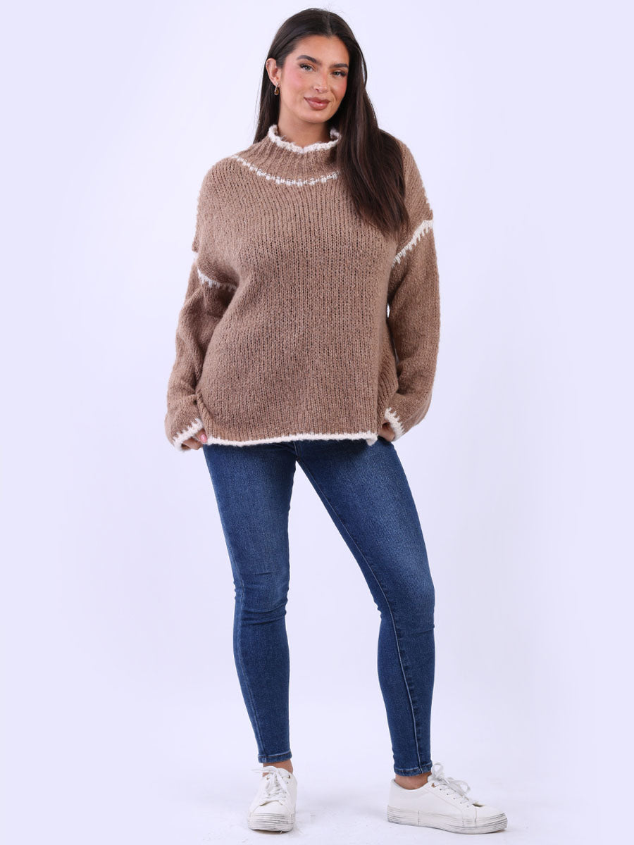 Funnel Neck Contrast Stitch Baggy Woolen Knit Jumper