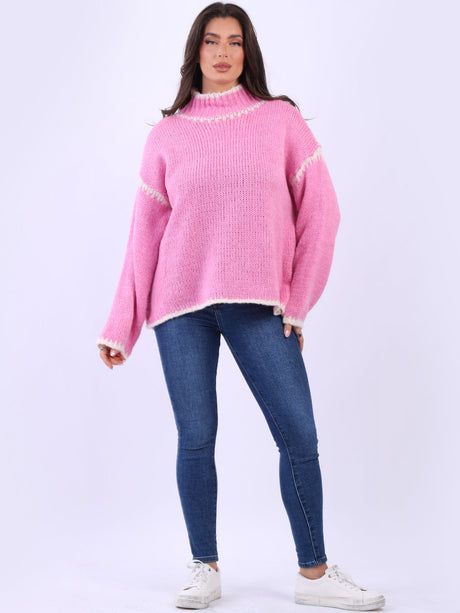 Funnel Neck Contrast Stitch Baggy Woolen Knit Jumper