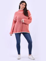 Funnel Neck Contrast Stitch Baggy Woolen Knit Jumper