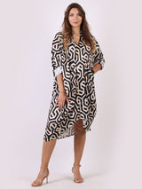 Italian Geometric Print V-Neck Ruched Sides Lagenlook Drape Midi Dress