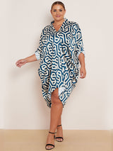 Italian Geometric Print V-Neck Ruched Sides Lagenlook Drape Midi Dress