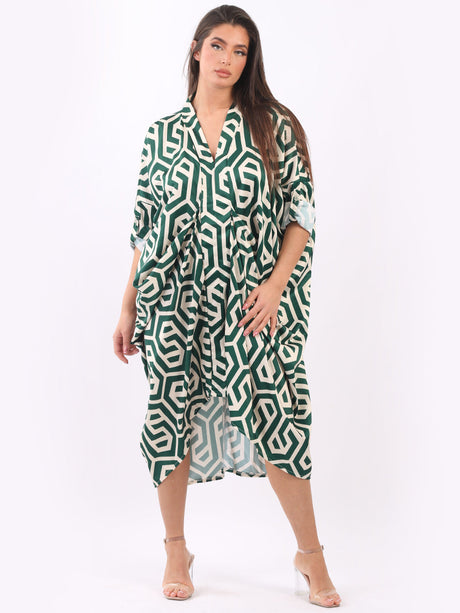 Italian Geometric Print V-Neck Ruched Sides Lagenlook Drape Midi Dress